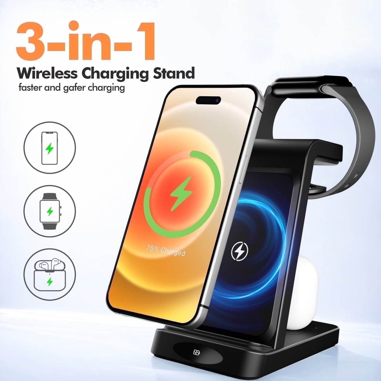 Wireless Charger, Magnetic Charging Stand Compatible with Iphone 16 15 14 13 12 11 Pro Max plus XS XR X 8, Charger for Apple Watch 9 8 7 6 5 4 3 2 SE, for Airpods 3 2 Pro, 3 in 1 Charging Station