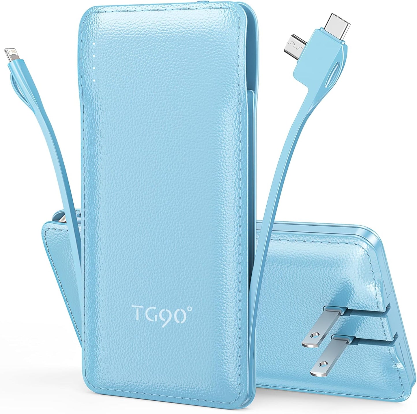 2 Pack 10000Mah Power Bank Built-In Foldable AC Wall Plug and Cables,Ultra Slim Compact Cell Phone Fast Charger,External Battery Pack Compatible with Iphone and Android Devices,Black & Blue