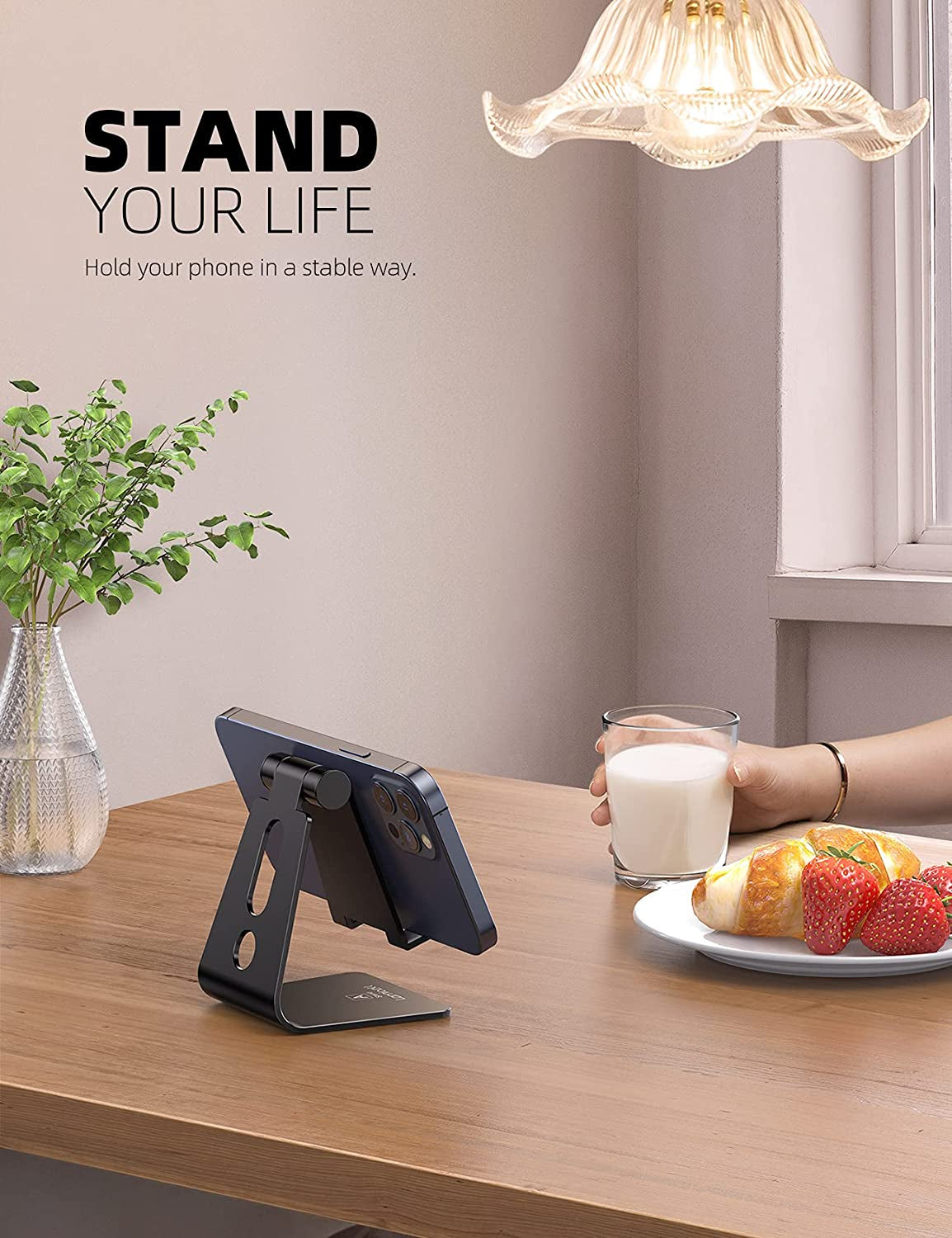 Adjustable Cell Phone Stand, Desk Phone Holder, Cradle, Dock, Compatible with Iphone 17 16 15 14 Air plus Pro Pro Max 13 12 X XS, 4-8" Phones, Office Accessories, All Smartphone, Black