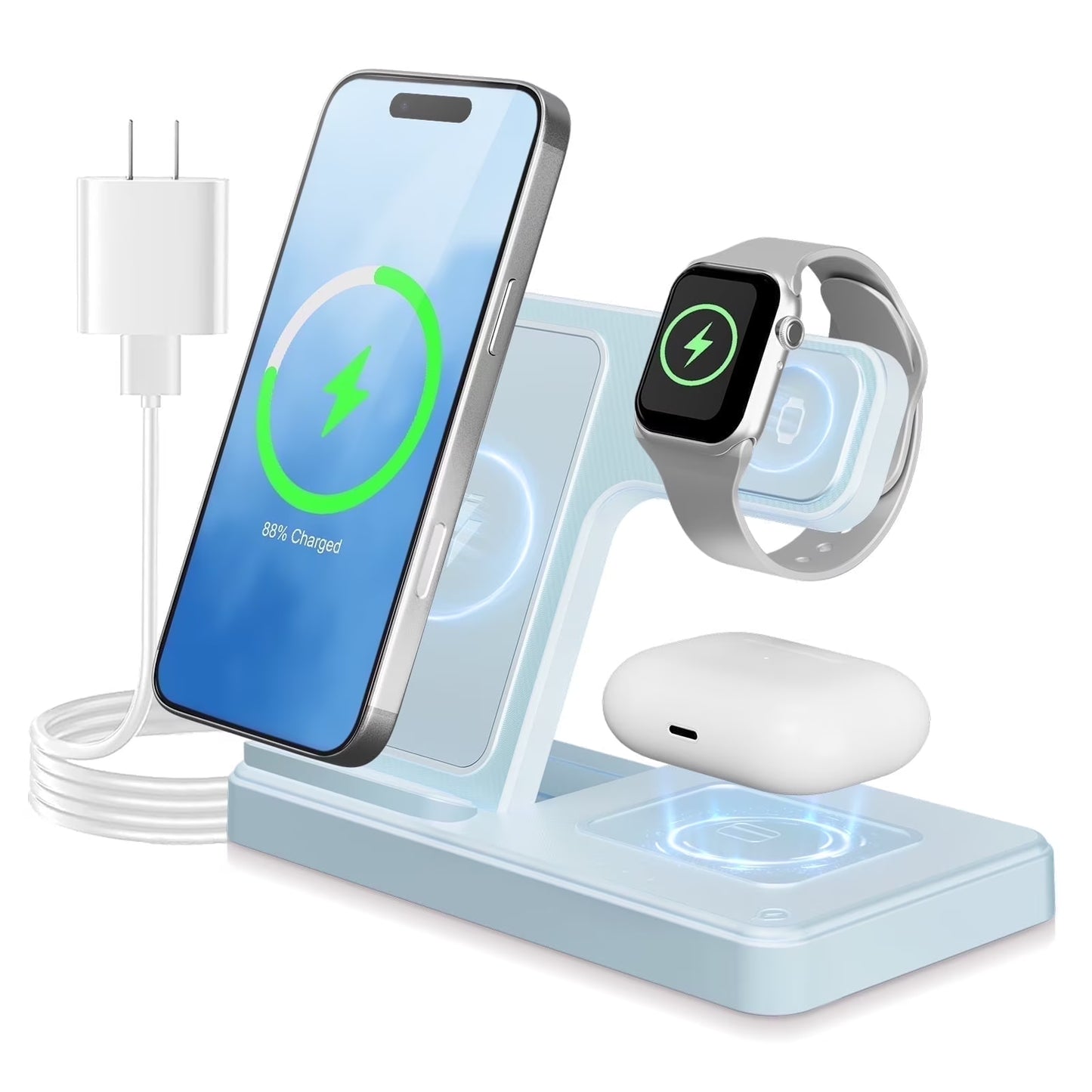 Wireless Charger, Magnetic Charging Stand Compatible with Iphone 16 15 14 13 12 11 Pro Max plus XS XR X 8, Charger for Apple Watch 9 8 7 6 5 4 3 2 SE, for Airpods 3 2 Pro, 3 in 1 Charging Station