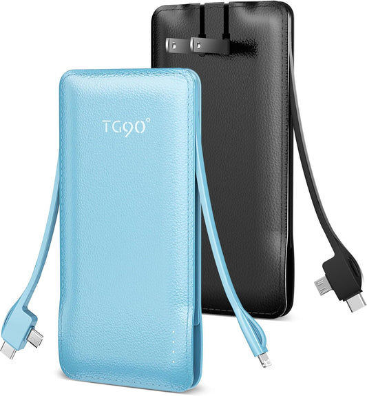 2 Pack 10000Mah Power Bank Built-In Foldable AC Wall Plug and Cables,Ultra Slim Compact Cell Phone Fast Charger,External Battery Pack Compatible with Iphone and Android Devices,Black & Blue