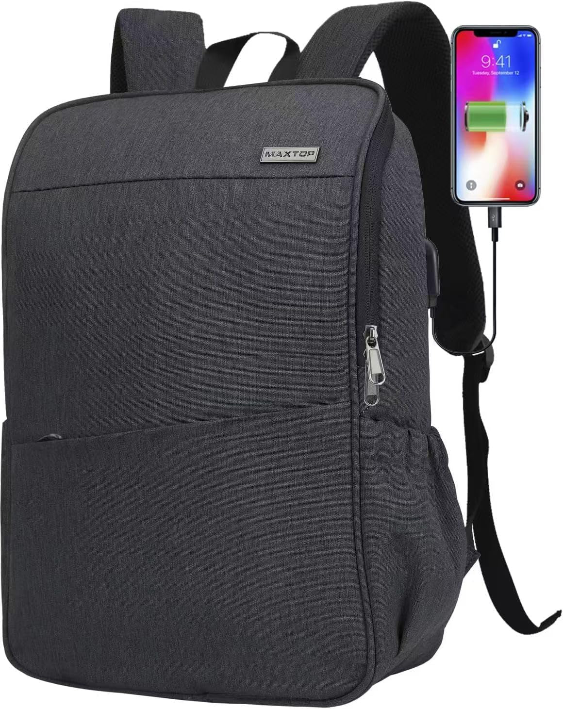 Deep Storage Laptop Backpack with USB Charging Port[Water Resistant] College Computer Bookbag Fits 15 Inch Laptop Black