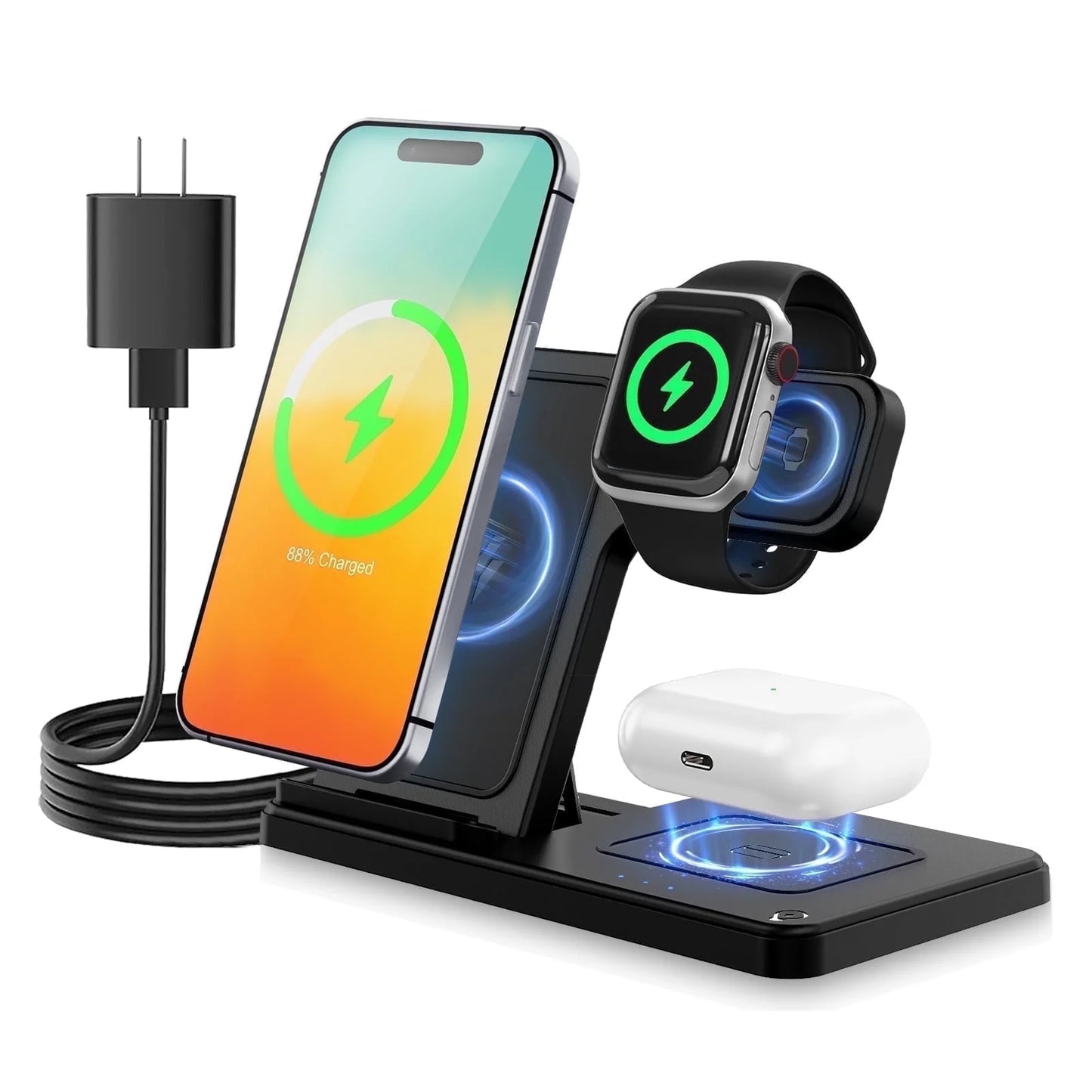 Wireless Charger, Magnetic Charging Stand Compatible with Iphone 16 15 14 13 12 11 Pro Max plus XS XR X 8, Charger for Apple Watch 9 8 7 6 5 4 3 2 SE, for Airpods 3 2 Pro, 3 in 1 Charging Station