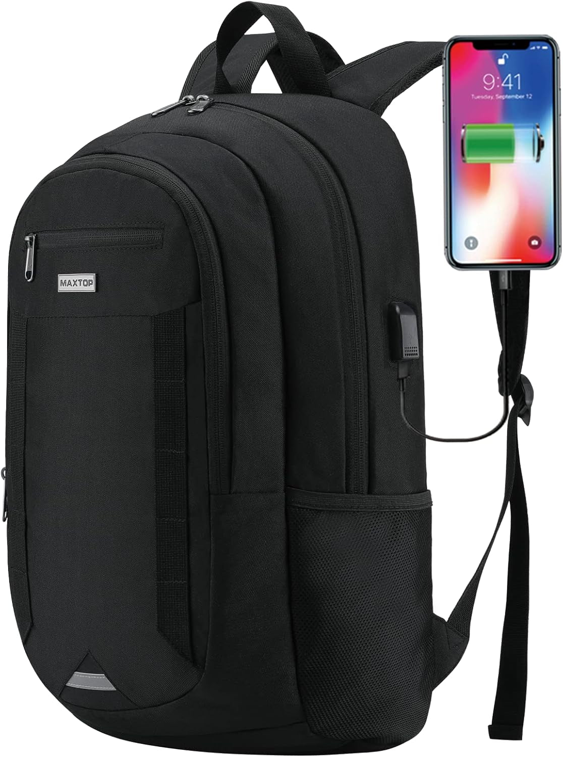 Deep Storage Laptop Backpack with USB Charging Port[Water Resistant] College Computer Bookbag Fits 15 Inch Laptop Black