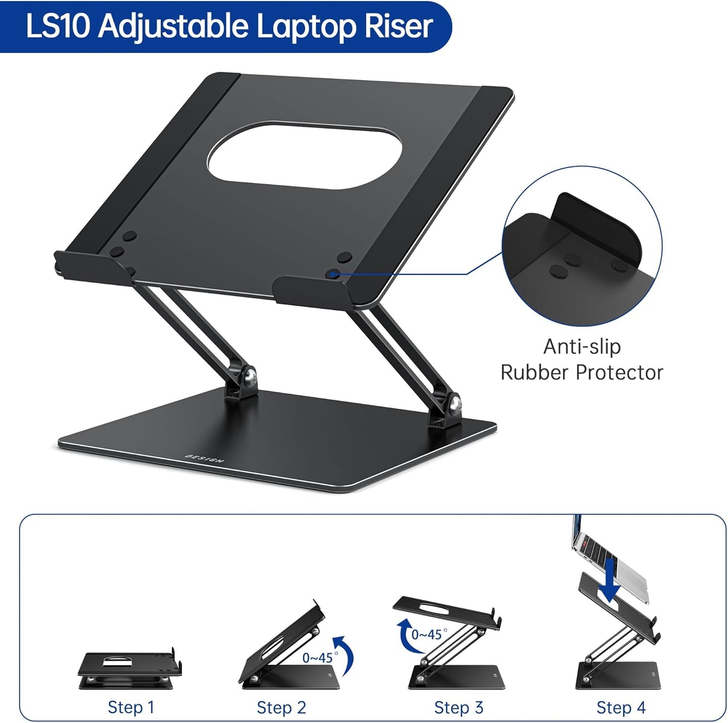LS10 Aluminum Laptop Stand, Ergonomic Adjustable Notebook Stand, Computer Holder Compatible with Air, Pro, Dell, HP, Lenovo More 10-14" Laptops, Black